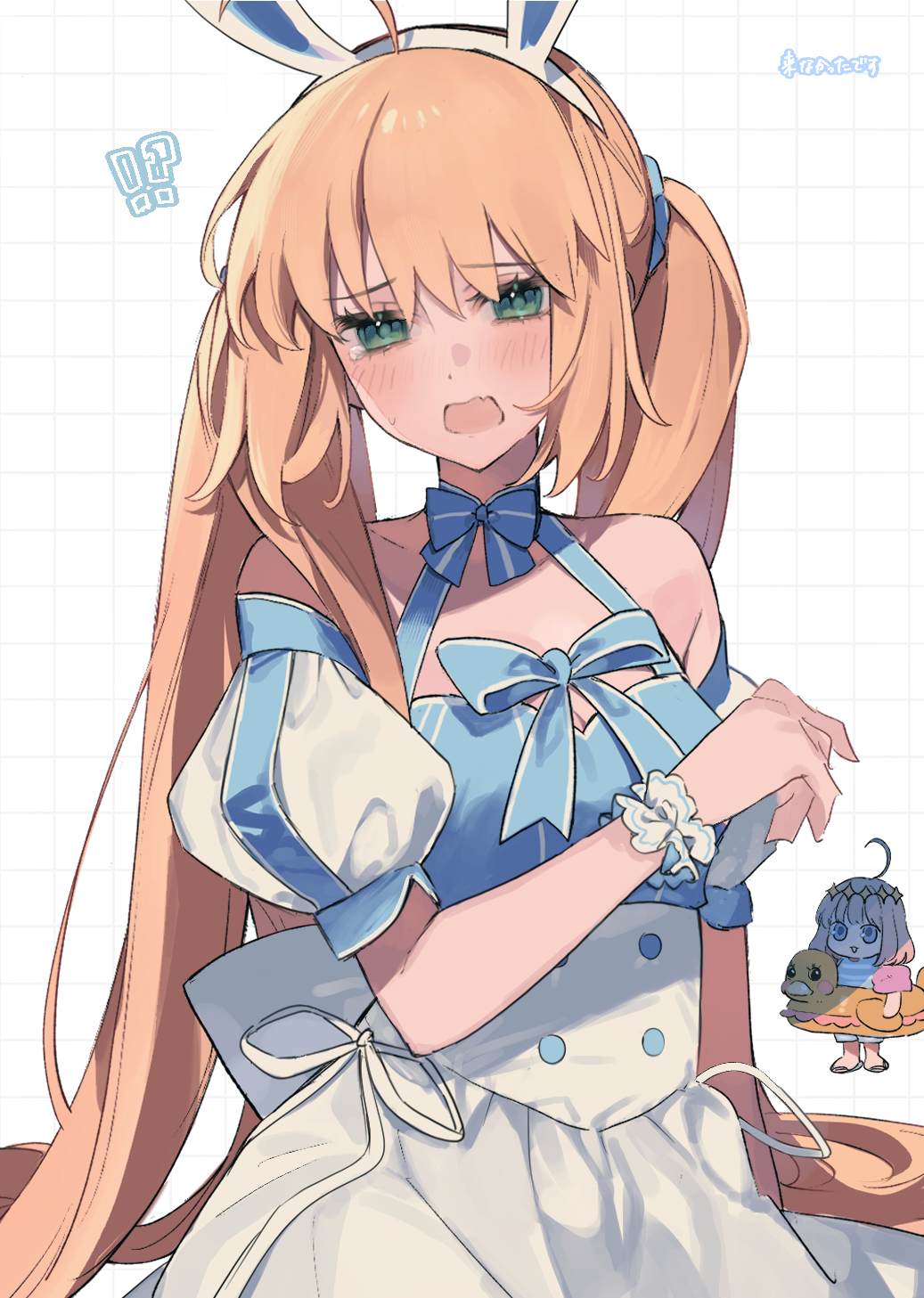 !? 1boy 1girl ahoge animal_ear_hairband animal_ears artoria_caster_(fate) artoria_caster_(swimsuit_berserker)_(fate) artoria_caster_(swimsuit_berserker)_(second_ascension)_(fate) artoria_pendragon_(fate) bare_shoulders blonde_hair blue_dress blue_eyes blush bow chibi crying crying_with_eyes_open detached_sleeves diamond_hairband dress dress_bow duck_innertube fake_animal_ears fate/grand_order fate_(series) flip-flops green_eyes grey_hair grid_background hair_ornament hair_scrunchie hairband halter_dress halterneck highres horizontal-striped_clothes innertube long_hair low_twintails neck_ribbon oberon_(fate) open_mouth puffy_short_sleeves puffy_sleeves rabbit_ears ribbon sandals scrunchie short_sleeves sidelocks sitting sleeveless standing sweat swim_ring tears tears_from_one_eye twintails uxco0 very_long_hair white_background wrist_scrunchie