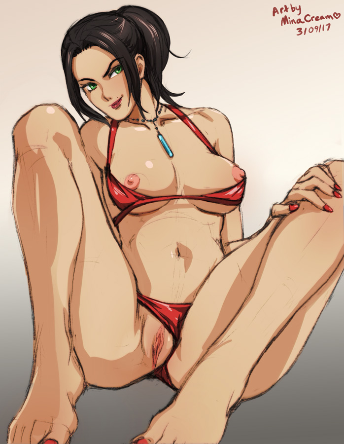 1girl bikini black_hair bra breasts clothing_aside elexis_sinclaire feet female_focus green_eyes jewelry large_breasts lipstick makeup mina_cream mole nail_polish navel necklace nipples panties panties_aside pussy short_hair simple_background sin_(game) smile solo swimsuit toenail_polish toenails toes uncensored underwear