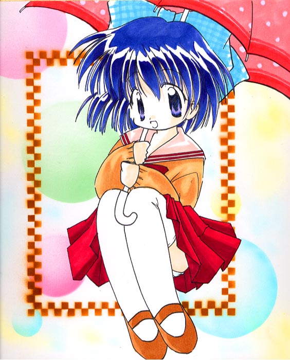 1girl 2000s_(style) bad_id blue_eyes blue_hair brown_shirt character_request colored_pencil_(medium) copyright_request full_body grey_sailor_collar kouzuki_mio looking_at_viewer one_-_kagayaku_kisetsu_e open_mouth panties pantyshot pink_umbrella polka_dot polka_dot_umbrella red_skirt sailor_collar shirt short_hair skirt smile solo sou_ryuu traditional_media umbrella underwear white_panties