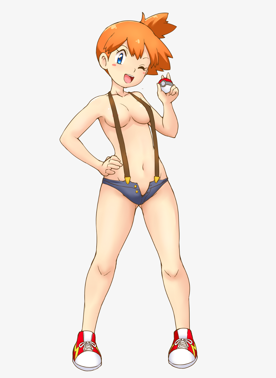 1girl ;d areola_slip blue_eyes blue_shorts breasts convenient_censoring full_body game_freak grey_background hand_on_own_hip highres holding holding_poke_ball legs_apart looking_at_viewer micro_shorts misty_(pokemon) naked_suspenders navel nintendo no_bra no_panties no_shirt one_eye_closed one_side_up open_mouth orange_hair poke_ball poke_ball_(basic) pokemon pokemon_(anime) pokemon_(classic_anime) red_shoes shoes short_hair shorts simple_background small_breasts smile sneakers solo standing suspender_shorts suspenders tof topless_female