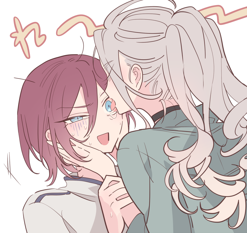 2boys bad_id bad_pixiv_id black_choker blue_eyes blue_shirt choker closed_eyes ensemble_stars! facing_another grey_hair hair_between_eyes half-closed_eye hands_on_another&#039;s_face hands_up licking licking_eye long_hair long_sleeves looking_at_another male_focus meremero messy_hair multiple_boys open_mouth ran_nagisa saegusa_ibara shirt short_hair simple_background smile tears translation_request upper_body white_background yaoi