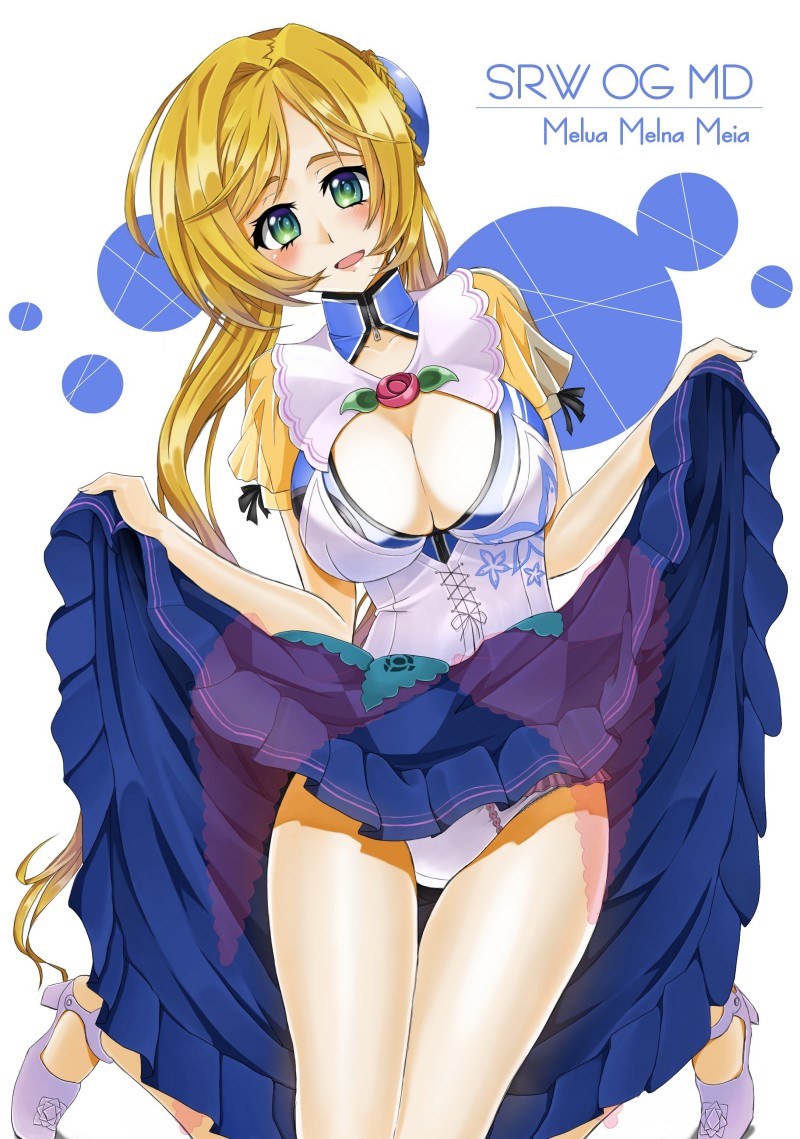 1girl azarashing_day bad_id bad_pixiv_id blonde_hair blush breasts cleavage cleavage_cutout clothes_lift clothing_cutout dress dress_lift female_focus green_eyes hair_ornament large_breasts long_hair looking_at_viewer melua_melna_meia open_mouth panties smile solo super_robot_wars super_robot_wars_judgement super_robot_wars_og_moon_dwellers super_robot_wars_original_generation underwear