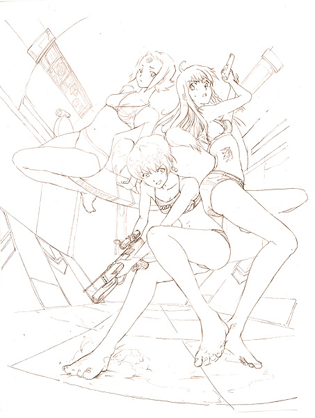 00s 3girls brown_theme chiko fisheye gun lal&#039;c_mellk_mal monochrome multiple_girls nono_(top_wo_nerae_2!) top_wo_nerae!_(series) top_wo_nerae_2! tycho_science weapon