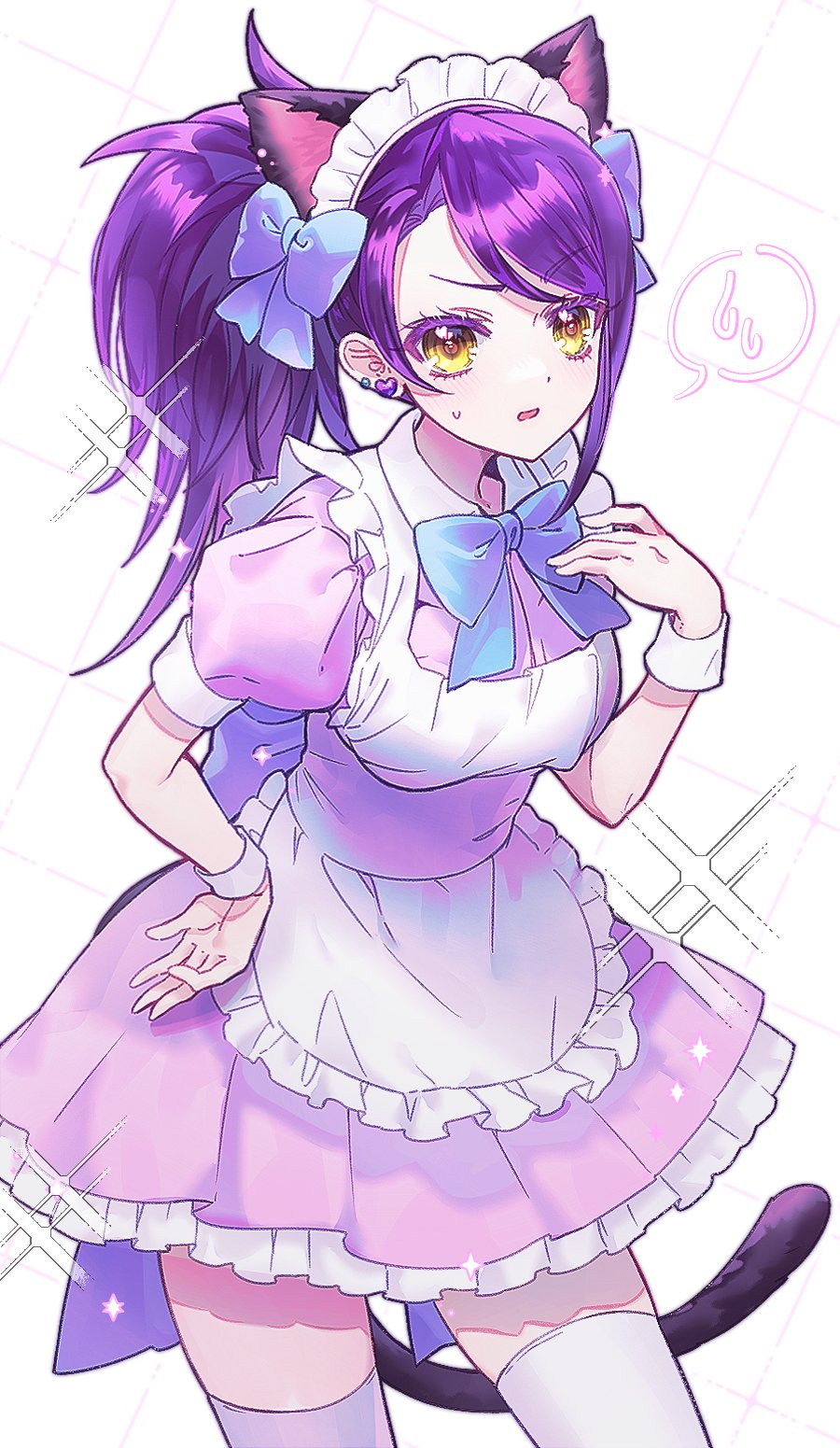 1girl animal_ears apron blue_ribbon cat_ears cat_tail chuu0105 collared_dress cowboy_shot dress frilled_apron frilled_dress frills hand_on_own_hip hand_up highres kemonomimi_mode leaning_forward long_hair looking_at_viewer maid maid_headdress neck_ribbon open_mouth pink_dress pretty_series pripara puffy_short_sleeves puffy_sleeves purple_hair ribbon short_sleeves side_ponytail solo sparkle spoken_sweatdrop standing sweatdrop tail thighhighs toudou_shion white_apron white_thighhighs wrist_cuffs yellow_eyes