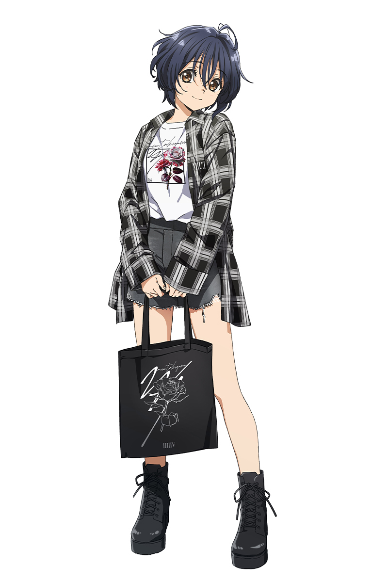 22/7 ahoge bag black_bag black_boots black_hair black_jacket boots brown_eyes character_name closed_mouth full_body grey_shorts head_tilt highres holding holding_bag jacket kyota07 long_sleeves official_art open_clothes open_jacket plaid_clothes plaid_jacket print_shirt shirt short_hair shorts simple_background smile standing takigawa_miu tote_bag wavy_hair white_background white_shirt