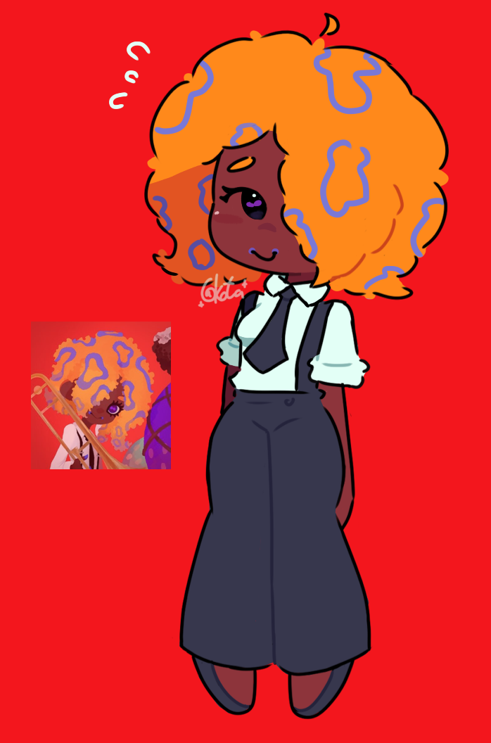 1girl black_necktie black_shoes black_suspenders chibi collared_shirt dark-skinned_female dark_skin full_body lawbreadd necktie nintendo orange_hair patterned_hair reference_inset shirt shoes signature sleeves_rolled_up solo splatoon_(series) splatoon_3 standing tao_blu tentacle_hair white_shirt