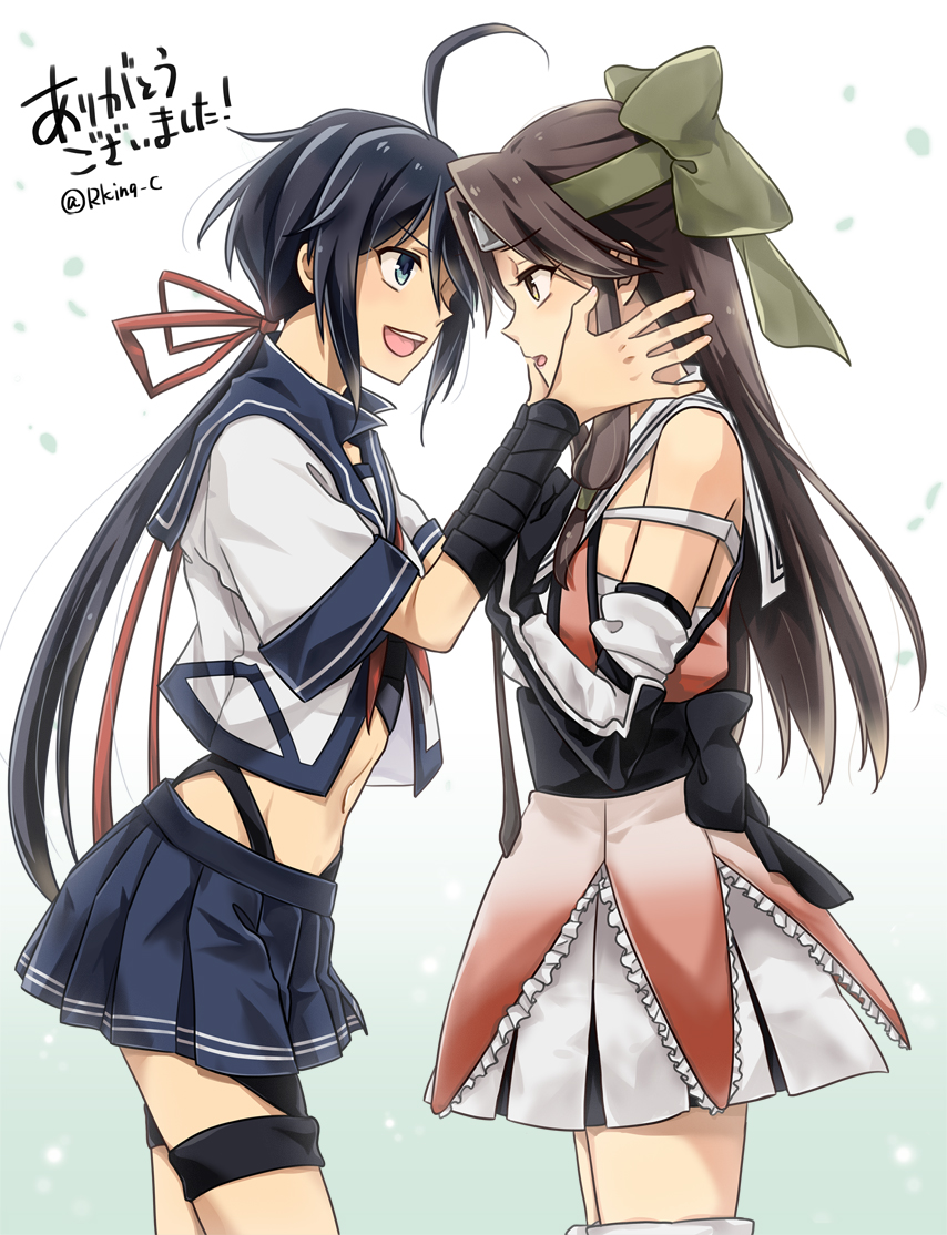 2girls :d ahoge black_hair blue_eyes blue_skirt brown_eyes brown_hair commentary_request commission cowboy_shot forehead_protector from_side green_ribbon hachimaki hair_ribbon half_updo headband jintsuu_(kancolle) jintsuu_kai_ni_(kancolle) kako_(kancolle) kako_kai_ni_(kancolle) kantai_collection long_hair looking_at_another midriff multiple_girls navel neckerchief open_mouth pleated_skirt ponytail r-king red_neckerchief red_ribbon ribbon school_uniform serafuku skeb_commission skirt smile twitter_username