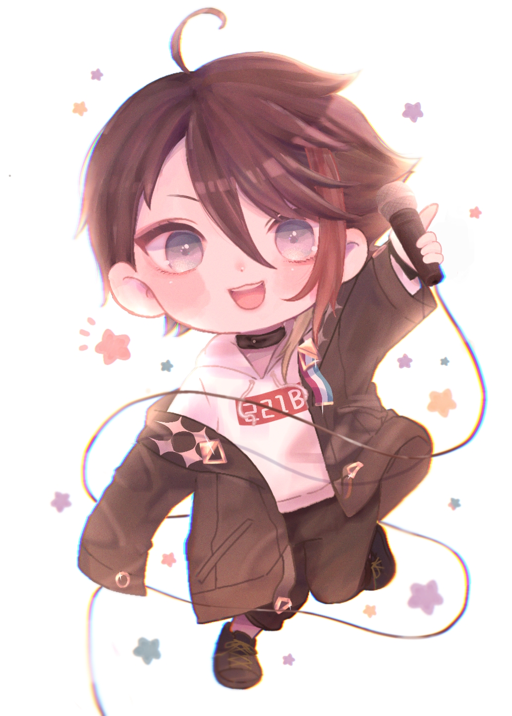 1boy ahoge black_coat brown_hair chibi chibi_only coat hair_between_eyes highres holding holding_microphone looking_at_viewer mi_oxo_9m microphone nijisanji open_mouth saegusa_akina simple_background solo virtual_youtuber white_background