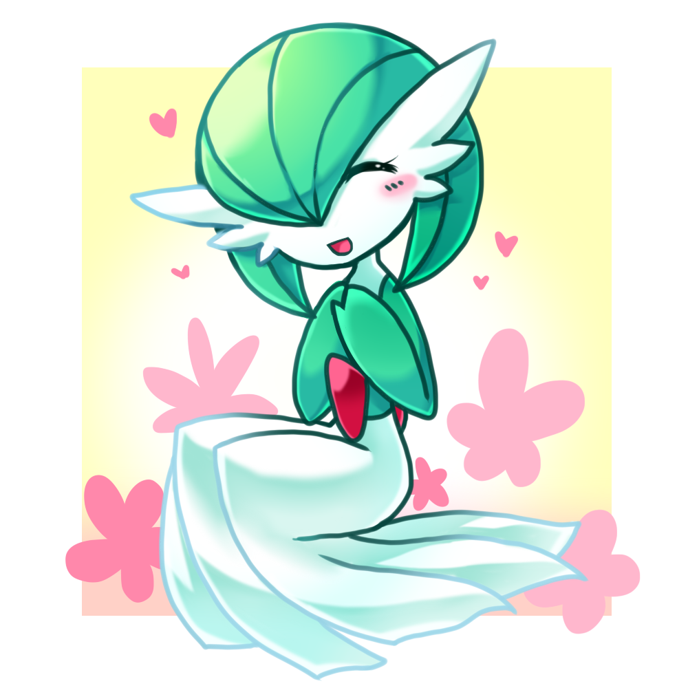 blush bob_cut closed_eyes colored_skin dress floral_background gardevoir gen_3_pokemon gradient_background green_hair hair_over_one_eye heart multicolored_skin nintendo open_mouth own_hands_together pokemon pokemon_(creature) simple_background smile square tanpopo_hayabusa-maru two-tone_skin white_dress white_skin