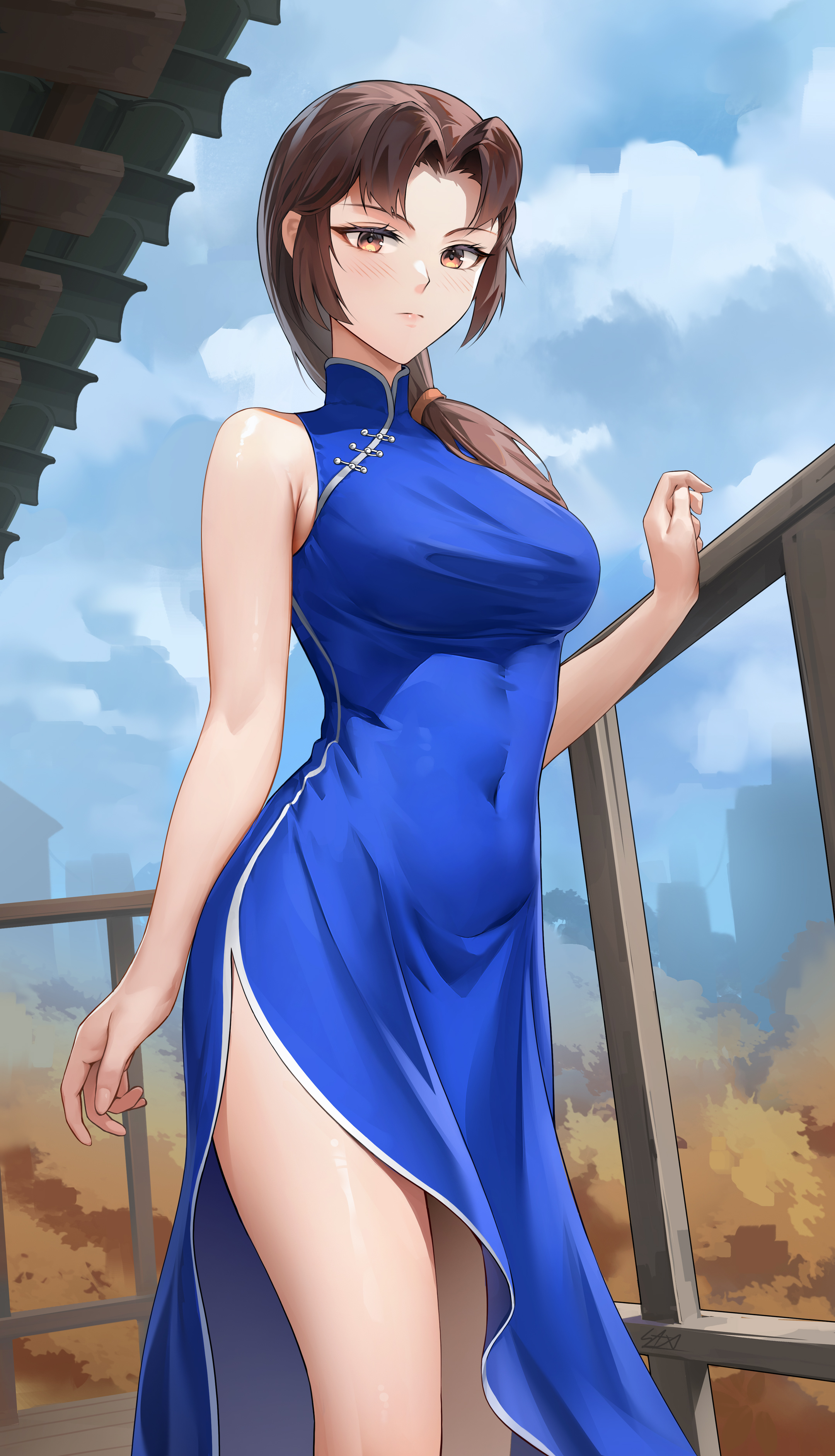 1girl absurdres blue_dress breasts brown_eyes brown_hair china_dress chinese_clothes covered_navel dress highres hong_xiu_ying long_hair looking_at_viewer low-tied_long_hair medium_breasts sega shenmue shenmue_ii shenmue_the_animation side_slit sleeveless sleeveless_dress solo standing stormstx