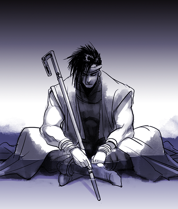 1boy cane closed_eyes earrings headband hoop_earrings indian_style jewelry jojo_no_kimyou_na_bouken looking_down male_focus merumeru626 monochrome n&#039;doul partially_submerged sitting solo stardust_crusaders