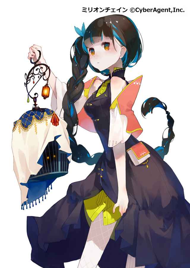 1girl bag bare_shoulders birdcage black_dress blush braid brown_eyes cage candlelight capelet cowboy_shot detached_sleeves dress feathers female_focus fishnet_legwear fishnets glowing glowing_eyes hair_ornament lantern long_hair looking_at_viewer million_chain mmlu_(honwa_karesu) short_sleeves simple_background single_braid sleeveless sleeveless_dress solo standing very_long_hair white_background white_legwear