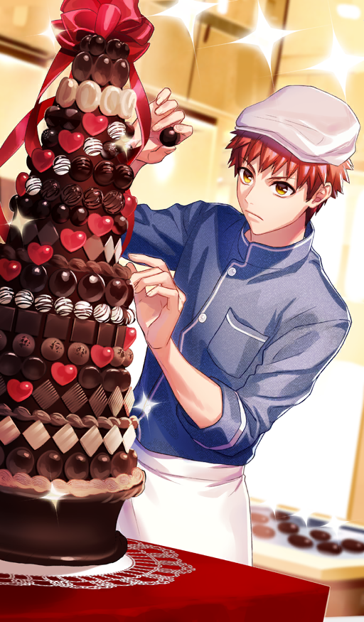 1boy apron baking blue_shirt bow breast_pocket newsboy_cap cake cake_stand candy chocolate chocolate_cake chocolate_heart chocolate_lady_no_karasawagi chocolate_making commentary cowboy_shot determined emiya_shirou fate/grand_order fate/stay_night fate_(series) food frown fujiwara_ryo_(wsise47) hat heart heart-shaped_food high_collar layer_cake male_focus official_art orange_hair pocket red_bow shirt short_hair solo sparkle third-party_source v-shaped_eyebrows waist_apron white_apron white_chocolate white_hat yellow_background yellow_eyes