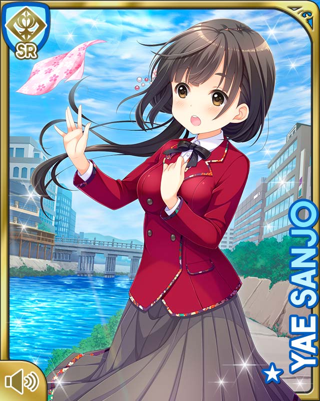 1girl black_hair black_neckwear black_pantyhose blazer bow bowtie card_(medium) day girlfriend_(kari) girlfriend_note grey_skirt jacket long_hair long_skirt looking_at_viewer official_art open_mouth outdoors pantyhose pleated_skirt qp:flapper red_jacket sanjo_yae school_uniform shirt short_hair skirt standing tagme white_shirt wind yellow_eyes