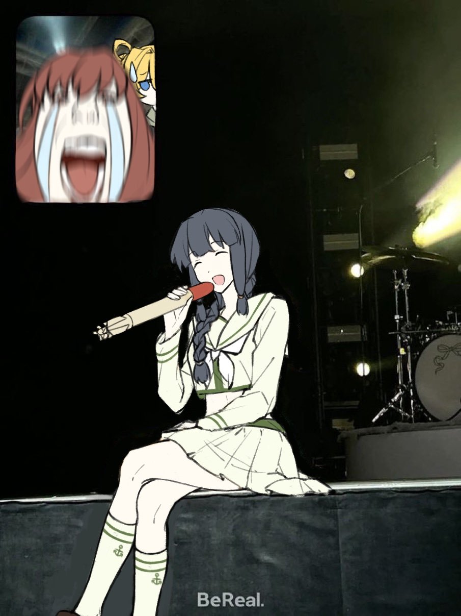 3girls abukuma_(kancolle) abukuma_kai_ni_(kancolle) anchor_symbol bereal black_hair blonde_hair braid brown_hair closed_eyes crop_top crossed_legs crying drum drum_set fan_screaming_at_madison_beer_(meme) hair_over_shoulder highres holding instrument kantai_collection kitakami_(kancolle) kitakami_kai_ni_(kancolle) long_hair long_sleeves meme multiple_girls neckerchief ooi_(kancolle) open_clothes open_mouth peach_ibuki pleated_skirt sailor_collar school_uniform serafuku sidelocks single_braid sitting skirt socks sweatdrop tears torpedo