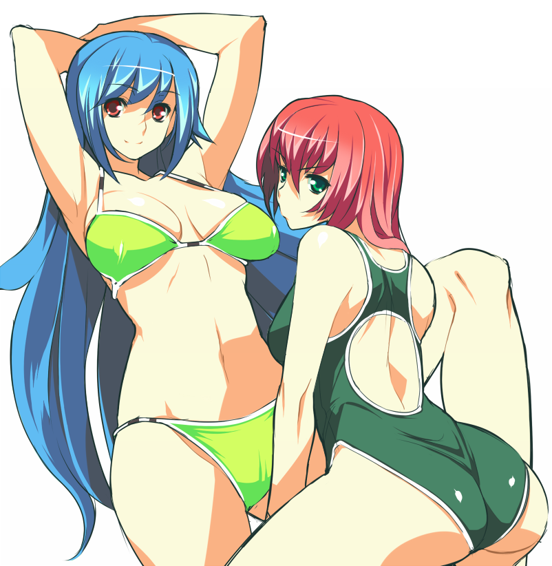 2girls armpits ass bikini blue_hair breasts competition_swimsuit green_bikini green_eyes green_one-piece_swimsuit large_breasts long_hair multiple_girls one-piece_swimsuit original red_eyes red_hair ryuuta ryuuta_(msxtr) swimsuit white_background