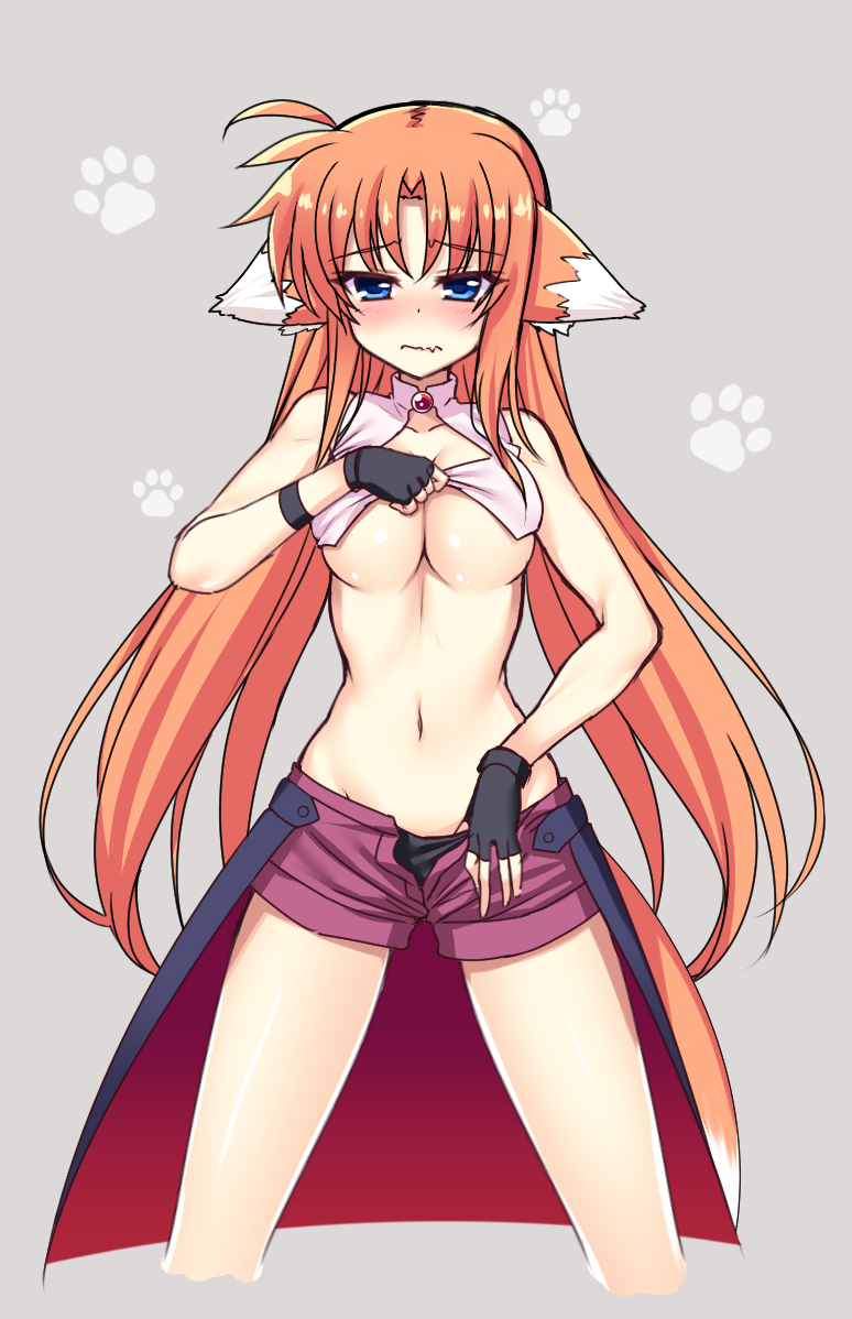 00s 1girl animal_ears arf bare_shoulders blue_eyes blush breasts cleavage cleavage_cutout clothes_lift clothing_cutout collarbone dog_ears embarrassed fang female_focus fingerless_gloves gloves grey_background groin large_breasts long_hair lyrical_nanoha mahou_shoujo_lyrical_nanoha navel orange_hair panties paw_print raiou shirt_lift shorts simple_background solo standing tail underboob underwear unzipped waist_cape