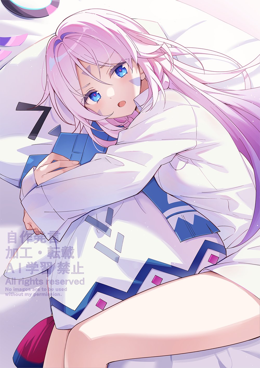 1girl blue_eyes breasts citlali_(genshin_impact) citlalin_(genshin_impact) dress_shirt facial_mark forehead_mark genshin_impact hair_intakes highres hugging_object long_hair looking_at_viewer multicolored_hair no_pants nyanya on_bed open_mouth pink_hair pink_pupils shirt solo triangle triangle_facial_mark