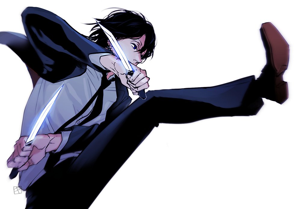 1boy artist_logo black_hair black_jacket black_necktie black_pants blue_eyes chainsaw_man collared_shirt dual_wielding formal_clothes high_kick holding holding_knife jacket kicking kishibe_(chainsaw_man) kishibe_(young)_(chainsaw_man) kitunejima knife logo looking_to_the_side male_focus motion_blur necktie pants shirt shirt_tucked_in short_hair simple_background solo suit suit_jacket white_background white_shirt