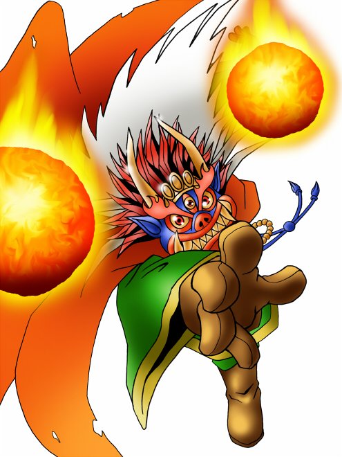 baromon digimon digimon_(creature) fire horns mask sharp_teeth solo teeth
