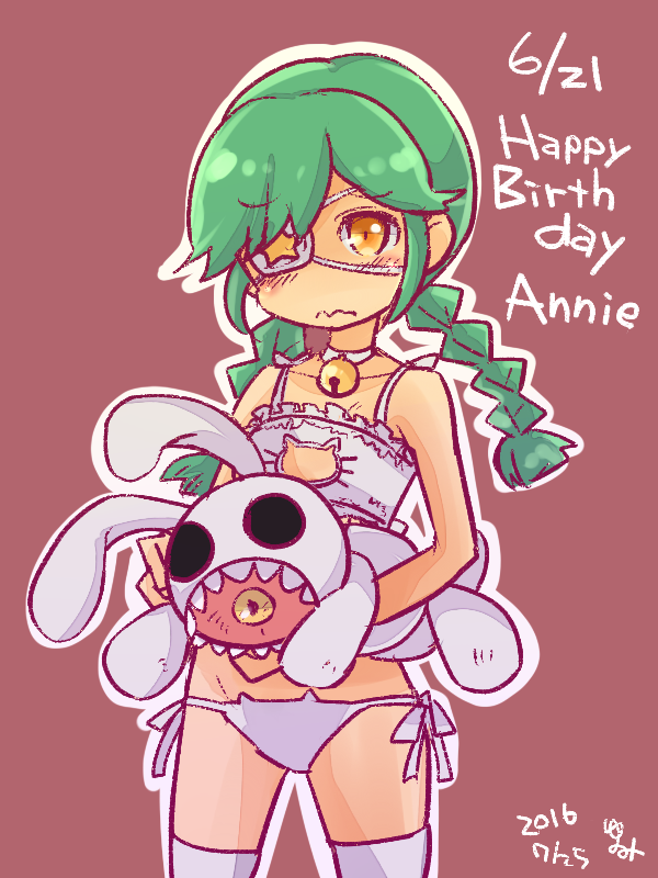 1girl 2016 annie_(skullgirls) birthday blush braid cat_lingerie choker cowboy_shot eyepatch green_hair hair_over_one_eye holding meme_attire neck_bell panties red_background sagan_(skullgirls) side-tie_panties skullgirls solo thighhighs twin_braids underwear wavy_mouth younomine