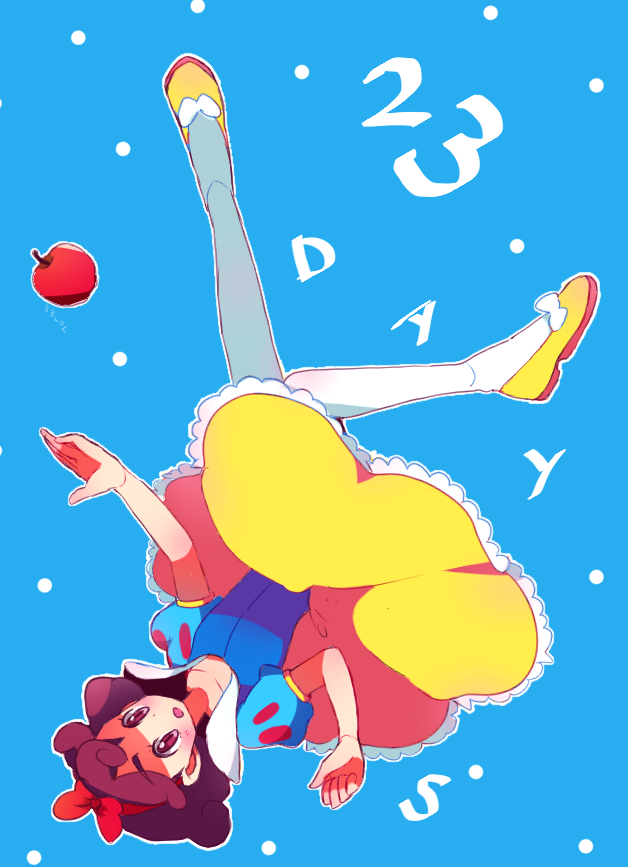 1girl 33lol :o apple blue_background bow brown_hair burgundy_(pokemon) cosplay dress falling food fruit full_body hair_bow nintendo open_mouth pantyhose pokemon pokemon_(anime) pokemon_bw_(anime) puffy_short_sleeves puffy_sleeves shoes short_hair short_sleeves simple_background snow_white_(disney) snow_white_(disney)_(cosplay) snow_white_and_the_seven_dwarfs_(disney) solo upside-down yellow_shoes