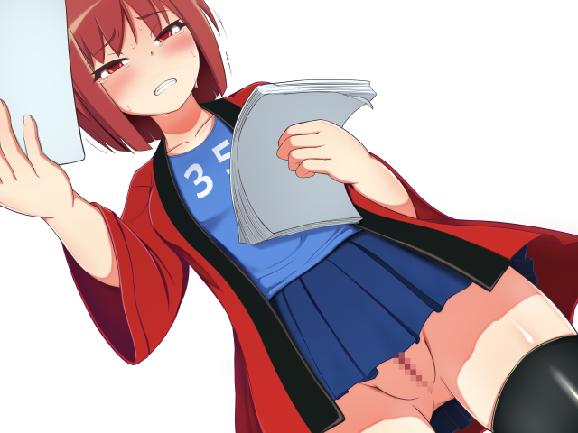 1girl breasts clymenia coat miniskirt no_panties non-web_source open_clothes open_coat original pussy red_coat red_hair short_hair skirt small_breasts standing white_background