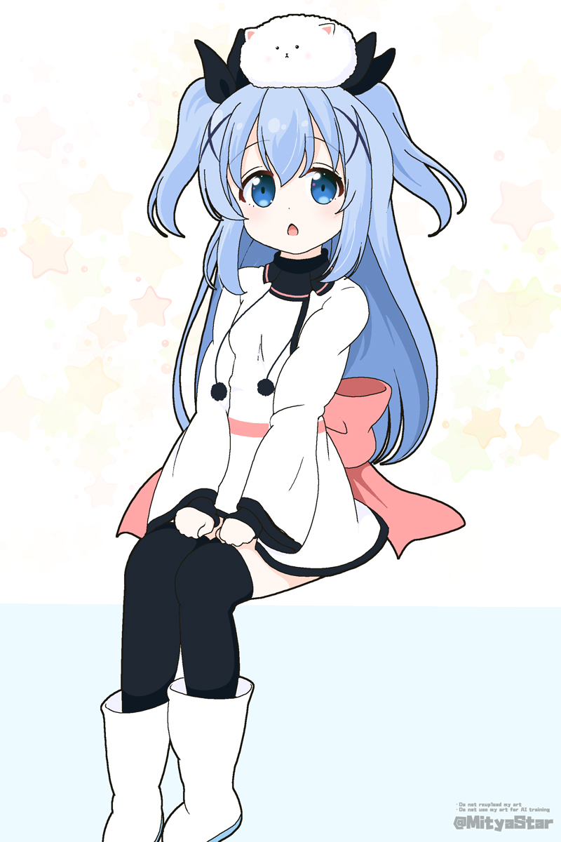 1girl animal animal_on_head black_gloves black_ribbon black_thighhighs blue_background blue_eyes blue_hair boots commentary_request cosplay english_text fingerless_gloves gloves gochuumon_wa_usagi_desu_ka? hair_between_eyes hair_ornament hair_ribbon highres jacket kafuu_chino long_hair long_sleeves mitya noel_(sora_no_method) noel_(sora_no_method)_(cosplay) on_head ribbon sitting solo_focus sora_no_method star_(symbol) thighhighs thighhighs_under_boots tippy_(gochiusa) twitter_username two-tone_background two_side_up very_long_hair watermark white_background white_boots white_jacket wide_sleeves x_hair_ornament