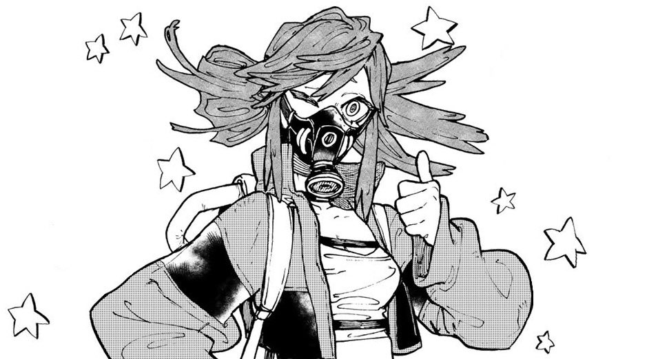 1girl gachiakuta gas_mask mask monochrome one_eye_closed riyou_reaper star_(symbol) star_symbol_background thumbs_up urana_kei