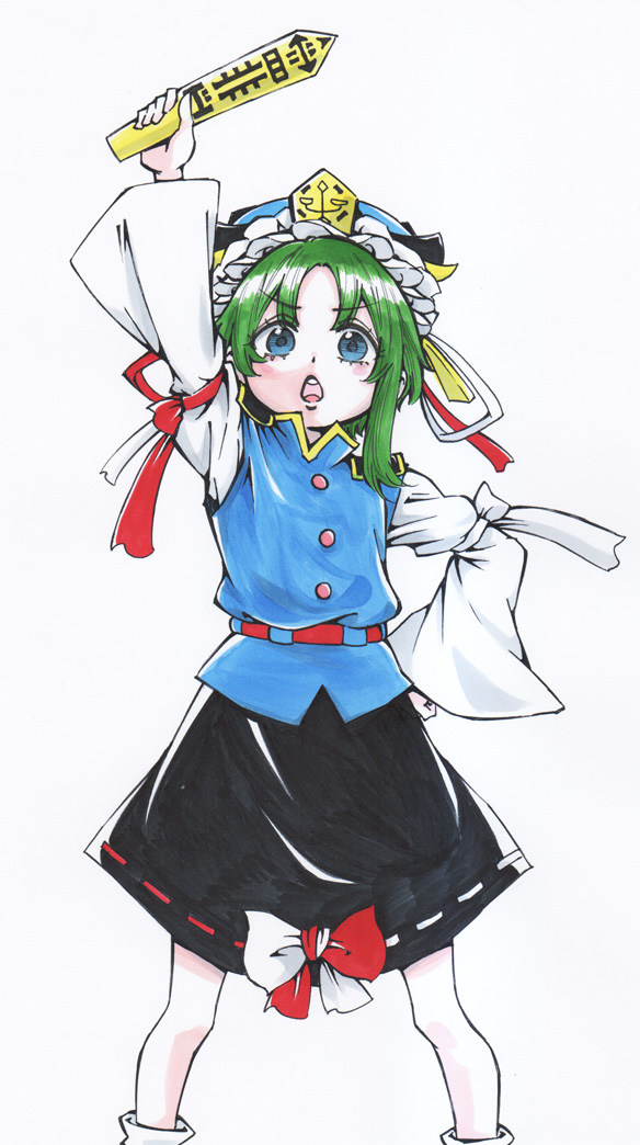 1girl arm_up black_skirt blue_eyes blue_vest full_body grey_hair hand_on_own_hip hat long_sleeves looking_at_viewer medium_hair open_mouth rod_of_remorse s590220 shiki_eiki shirt skirt solo teeth touhou upper_teeth_only vest white_background white_shirt