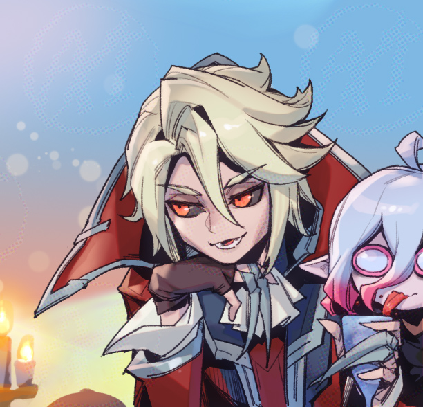 1boy 1girl ascot black_sclera blonde_hair briar_(league_of_legends) brown_gloves candle colored_sclera fingerless_gloves gloves grey_hair hanukkah league_of_legends long_sleeves multicolored_background multicolored_hair phantom_ix_row pink_hair pink_sclera red_eyes tongue tongue_out two-tone_hair vladimir_(league_of_legends) white_ascot