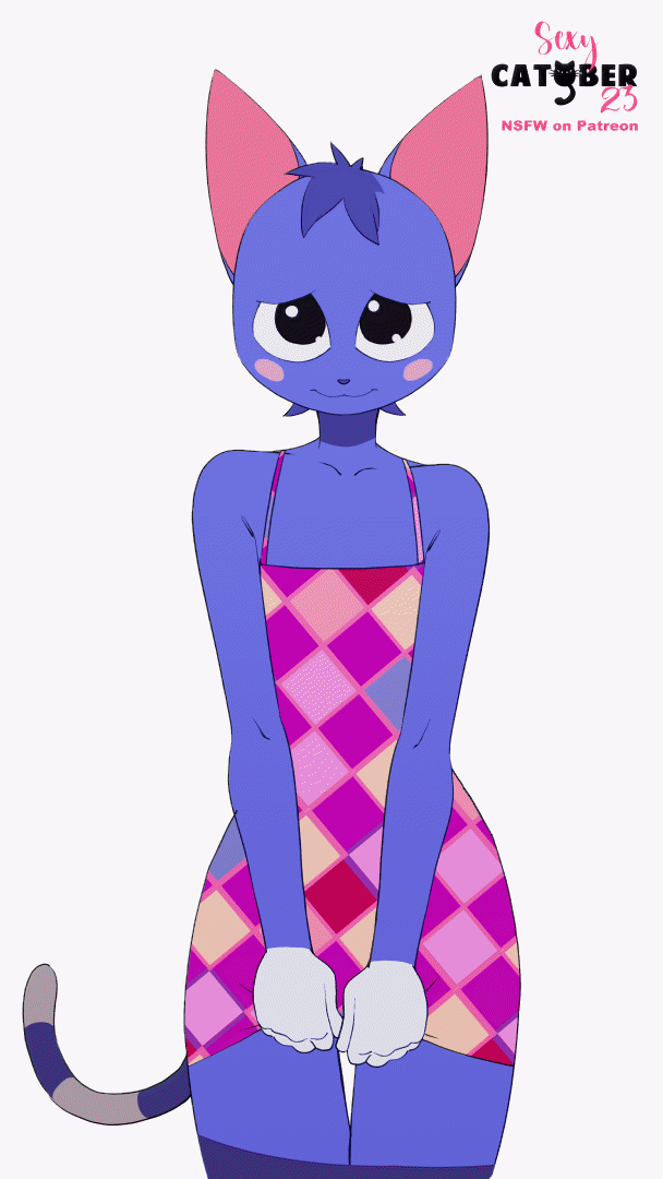 2023 animal_crossing animal_ears animated animated_gif black_bra black_eyes black_panties blue_fur blush bra breasts cat cat_ears cat_girl catober_2020 clothes clothes_lift clothes_pull dress dress_lift feliscede female_focus flashing furry furry_female legs_together lingerie narrowed_eyes navel nintendo panties playful rosie_(animal_crossing) seductive_smile short_hair simple_background small_breasts smile smug solo thigh_gap thong underwear unmoving_pattern white_background wide_hips