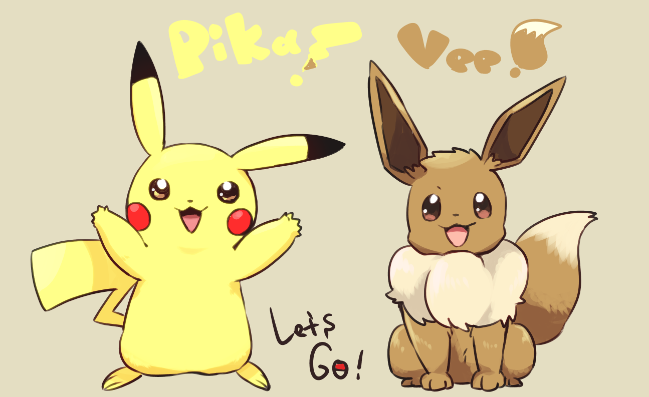 :d all_fours arms_up blush_stickers brown_eyes copyright_name creature eevee english_text full_body gen_1_pokemon happy mizuto_(o96ap) nintendo no_humans open_mouth pikachu pokemon pokemon_(creature) pokemon_lgpe simple_background smile standing