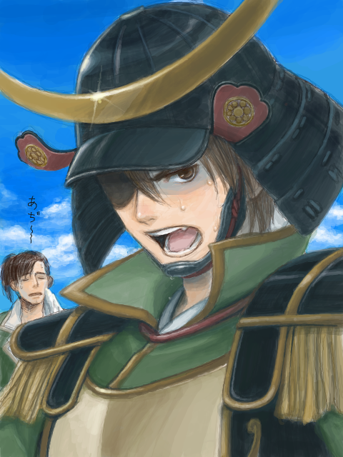 armor brown_hair coat date_masamune epaulettes eyepatch helmet male_focus saika_magoichi sengoku_musou sweat sweatdrop swept_bangs