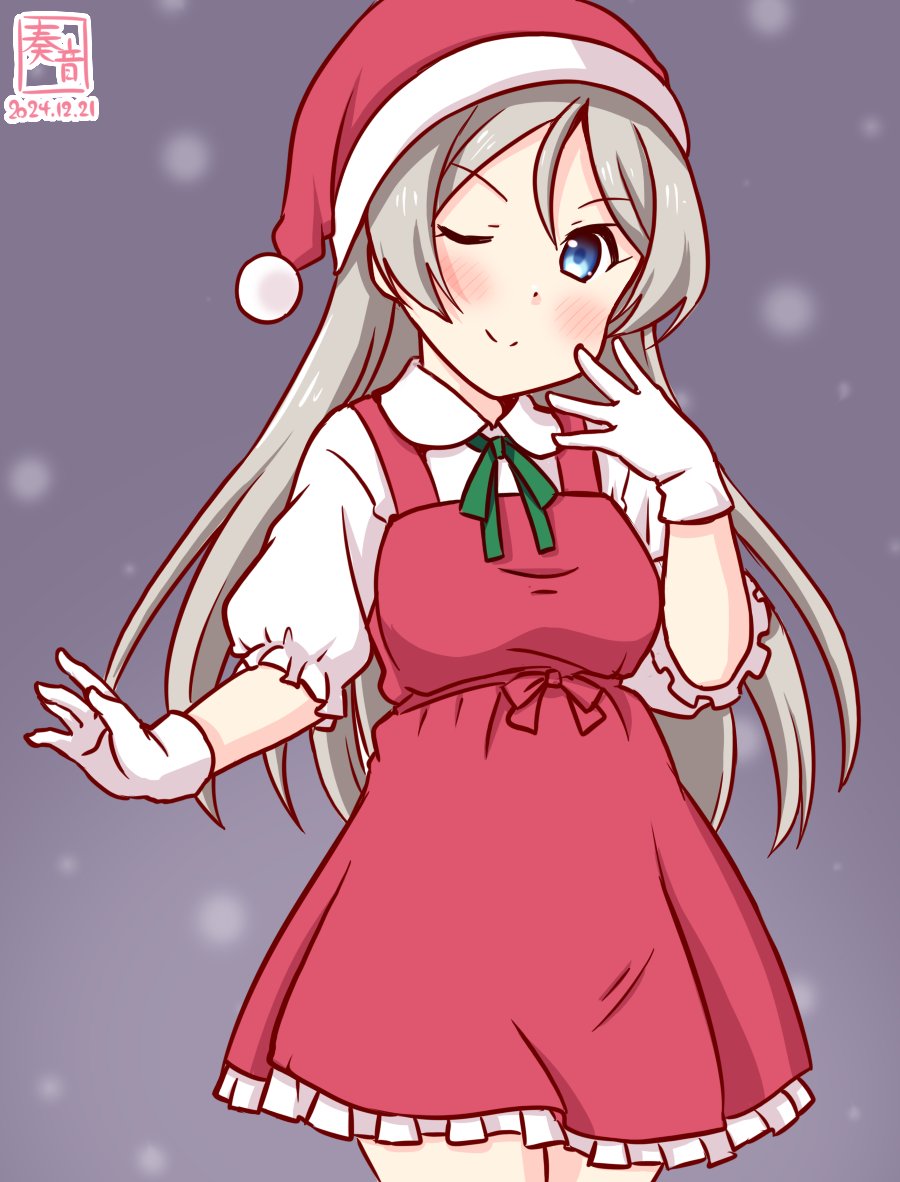 1girl alternate_costume artist_logo blue_eyes collared_shirt cowboy_shot dated dress dress_shirt frilled_dress frills fur-trimmed_headwear fur_trim gloves gradient_background grey_background grey_hair hat javelin_(kancolle) kanon_(kurogane_knights) kantai_collection logo long_hair one-hour_drawing_challenge one_eye_closed red_dress red_hat santa_hat shirt smile snow solo standing white_gloves white_shirt