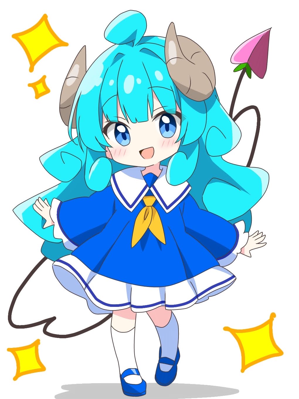 1girl :d ahoge alternate_costume blue_dress blue_eyes blue_hair blue_shoes blunt_bangs blush brown_horns commentary_request curled_horns demon_girl demon_tail dress frilled_dress frills full_body highres horns kneehighs kotatsu-mazoku lilith_(machikado_mazoku) lilith_(machikado_mazoku)_(homunculus) long_hair long_sleeves looking_at_viewer machikado_mazoku mary_janes multi-source_commentary neckerchief open_mouth sailor_collar sailor_dress shoes sidelocks simple_background smile socks solo sparkle standing tail white_background white_sailor_collar white_socks yellow_neckerchief