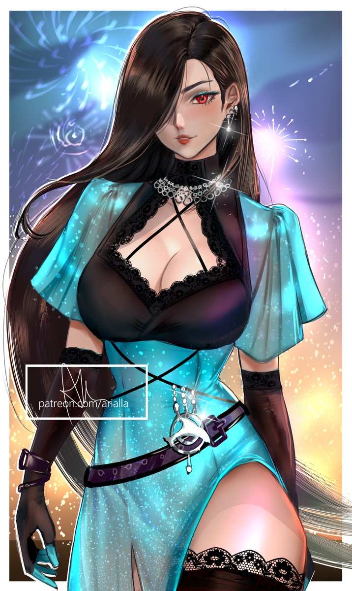 1girl alternate_costume arialla_draws belt black_belt black_gloves black_hair black_thighhighs blue_dress blue_eyeliner breasts cleavage commentary dress earrings elbow_gloves english_commentary eyeliner final_fantasy final_fantasy_vii fireworks gloves gradient_sky hair_over_one_eye highres jewelry lace_trim large_breasts long_hair makeup necklace red_eyes red_lips side_slit signature sky solo thighhighs tifa_lockhart very_long_hair