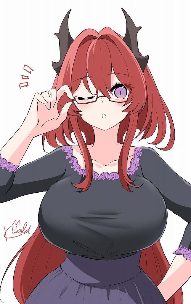 1girl ;o adjusting_eyewear arknights arm_up bespectacled black_horns black_shirt blush breasts brown-framed_eyewear collarbone commentary_request glasses hair_between_eyes hair_intakes high-waist_skirt horns kasagland large_breasts long_hair notice_lines one_eye_closed open_mouth pink_eyes purple_skirt red_hair shirt shirt_tucked_in signature simple_background skirt solo surtr_(arknights) t-shirt three-quarter_sleeves white_background