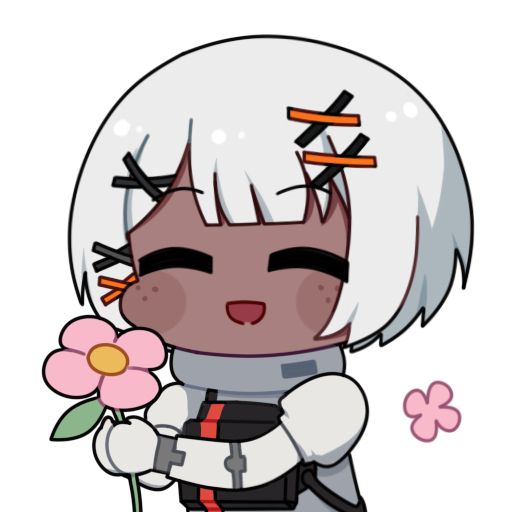 1girl :d chibi chibi_only chinese_commentary closed_eyes commentary_request dark-skinned_female dark_skin euyueuy flower gloves holding holding_flower long_sleeves official_art open_mouth punishing:_gray_raven shirt short_hair simple_background smile solo sophia_(pgr) upper_body white_background white_gloves white_hair white_shirt