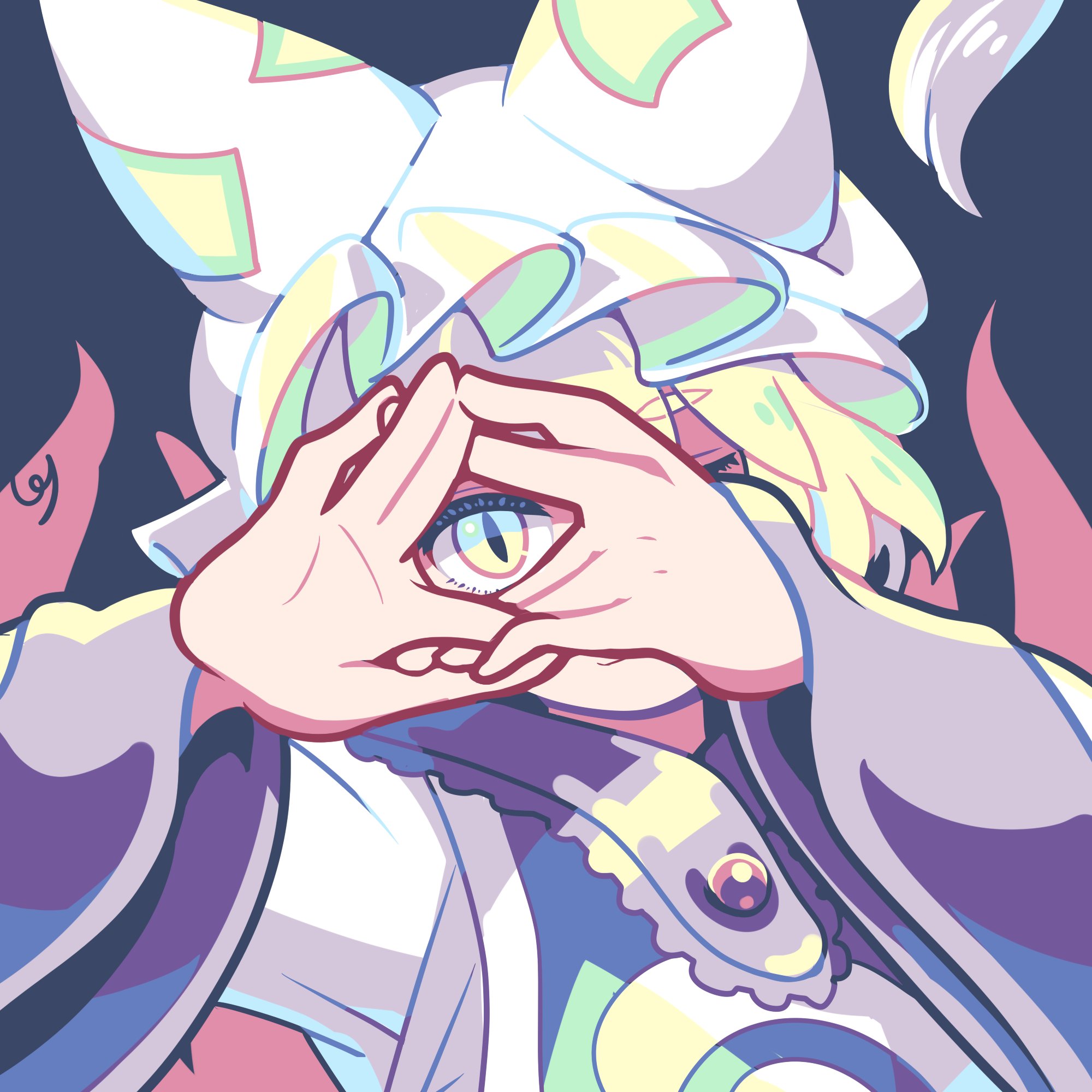 1girl animal_ears arms_up blonde_hair fox_ears fox_tail grey_background hands_on_own_face hat highres looking_at_viewer mob_cap multiple_tails one_eye_closed pmx short_hair simple_background solo tail touhou upper_body yakumo_ran yellow_eyes