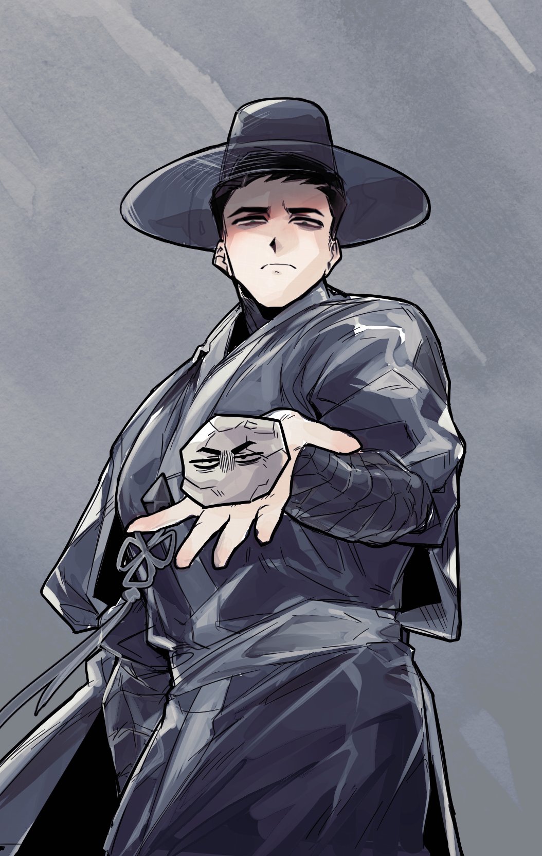 1boy arm_wrap black_gemstone black_hair black_hanbok black_pants black_ribbon closed_mouth cowboy_shot e.g.o_(project_moon) gat_(hat) green_eyes hanbok hat highres korean_clothes limbus_company looking_at_viewer meursault_(project_moon) nyak_138 pants project_moon reaching reaching_towards_viewer ribbon rock solo wishing_cairn_(e.g.o)
