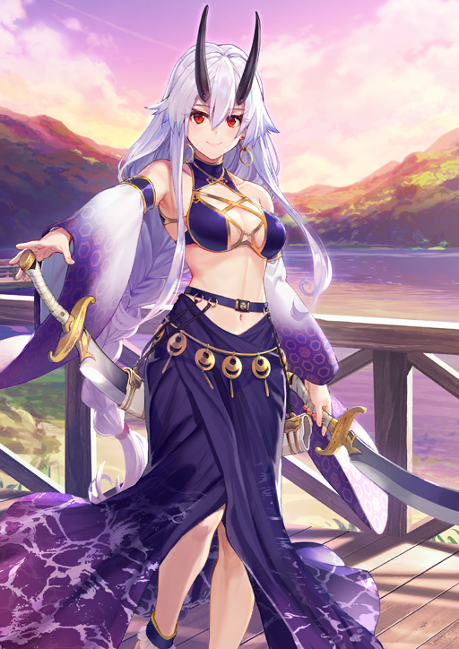 1girl ankle_strap arm_at_side bare_shoulders belt bikini black_horns braid breasts cleavage closed_mouth cloud collarbone criss-cross_straps detached_sleeves dock double-parted_bangs earrings fate/grand_order fate_(series) feet_out_of_frame floating_hair game_cg gold_earrings hair_between_eyes hair_tie halterneck high_collar holding holding_sword holding_weapon hoop_earrings horns jewelry lake linea_alba long_hair long_sidelocks long_skirt long_sleeves looking_at_viewer low-braided_long_hair low-tied_long_hair medium_breasts navel official_art outstretched_arm purple_belt purple_bikini purple_skirt purple_sky purple_sleeves red_eyes sand sheath shirabi sidelocks single_braid skirt sky smile solo standing swimsuit sword third-party_source tomoe_gozen_(fate) tomoe_gozen_(swimsuit_saber)_(fate) tomoe_gozen_(swimsuit_saber)_(second_ascension)_(fate) unsheathed unsheathing variant_set weapon white_hair wide_sleeves