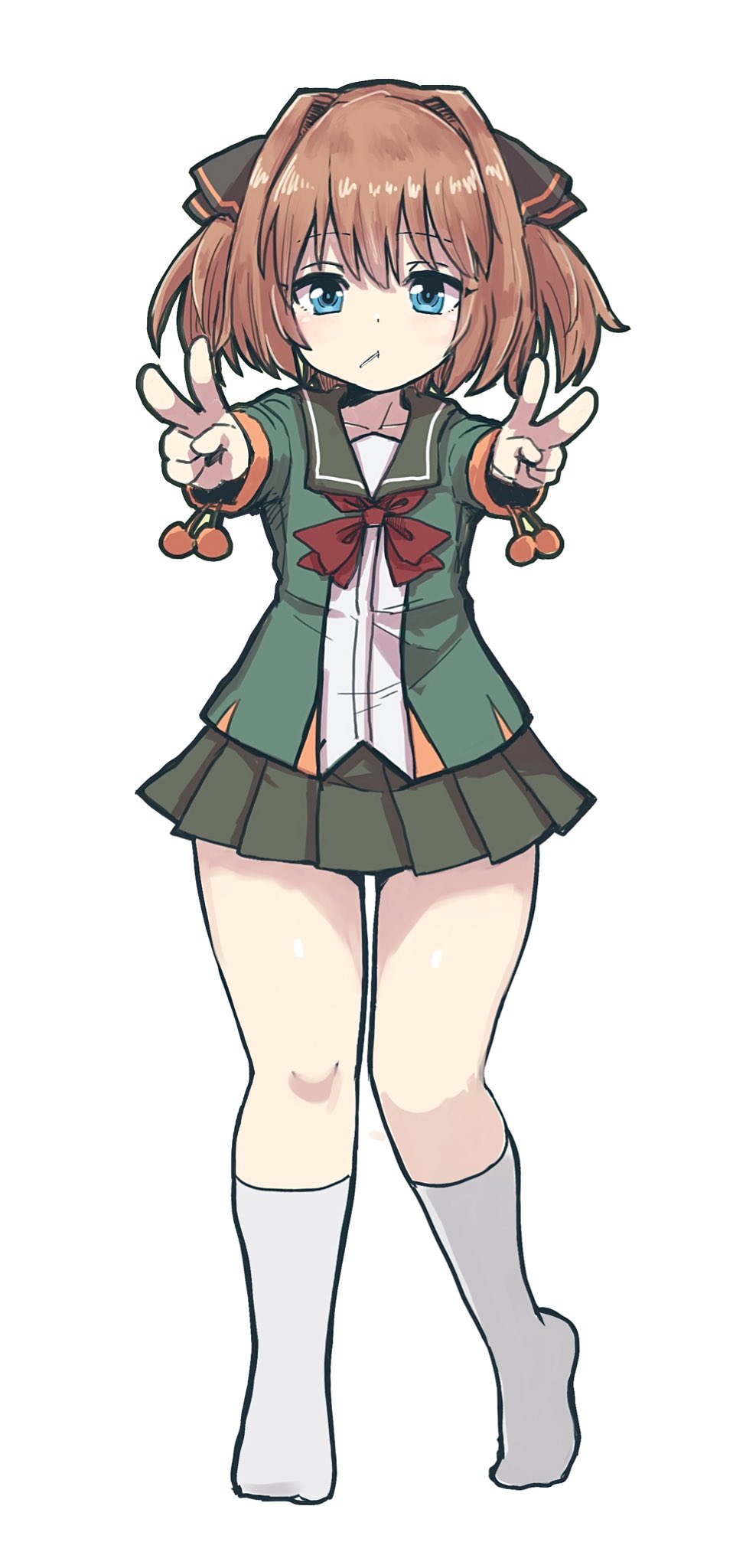 1girl black_ribbon blue_eyes candy food green_jacket green_sailor_collar green_skirt hachijou_(kancolle) hair_ribbon highres jacket kantai_collection lollipop looking_at_viewer neck_ribbon no_shoes orange_hair red_ribbon ribbon sailor_collar school_uniform serafuku simple_background skirt socks thick_thighs thighs unagiman v white_background