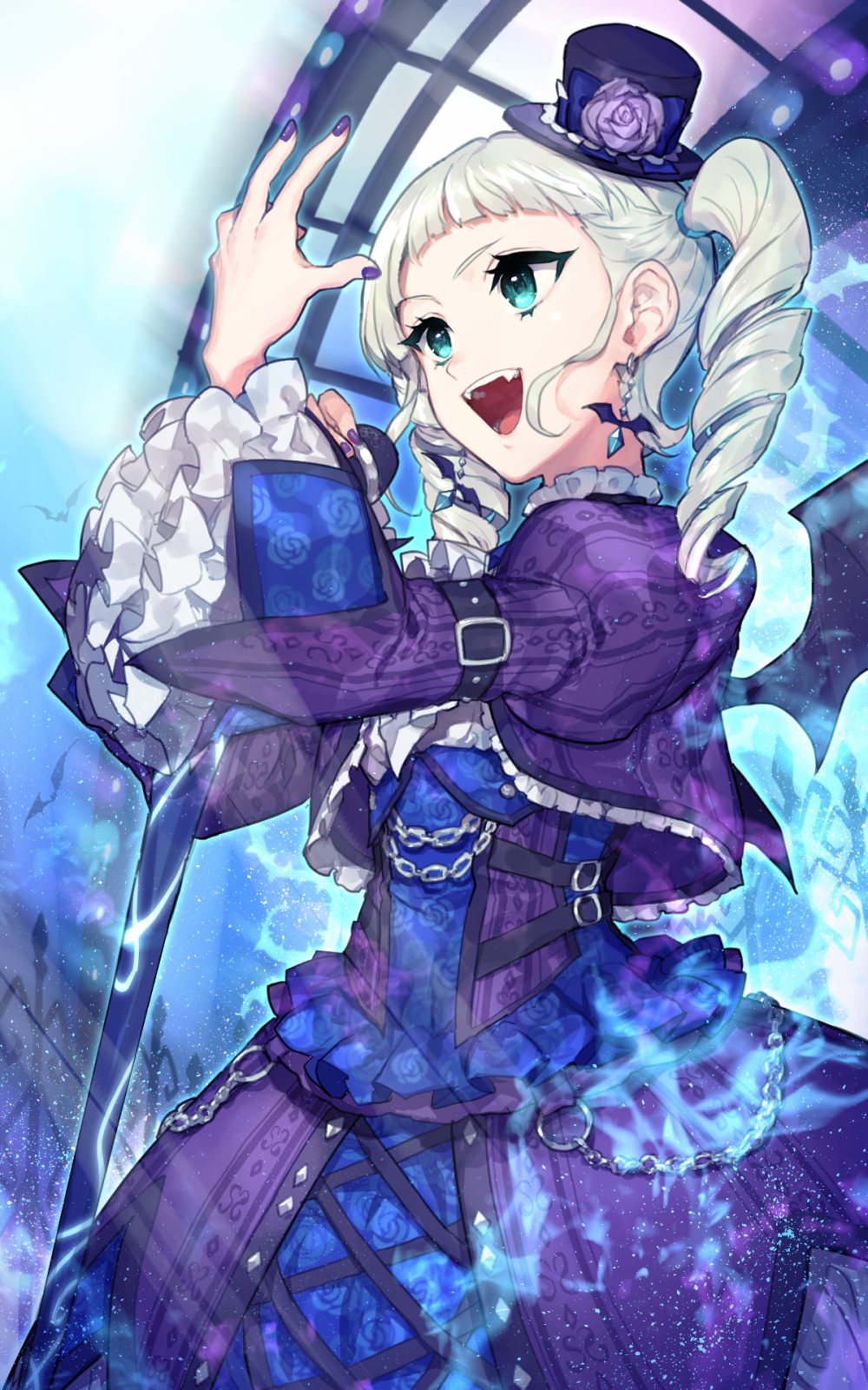 1girl aikatsu! aikatsu!_(series) aqua_eyes bat_earrings bat_wings belt belt_buckle black_belt blue_dress blunt_bangs bow buckle chain commentary_request dress drill_hair earrings fangs floral_print flower_hat frilled_dress frilled_sleeves frills hand_up hat hat_bow highres hitoto jewelry long_hair microphone mini_hat multicolored_dress music open_mouth plant purple_bow purple_dress purple_hat purple_nails singing smile solo studded_dress studs todo_yurika twin_drills twintails two-tone_dress vines white_hair wings