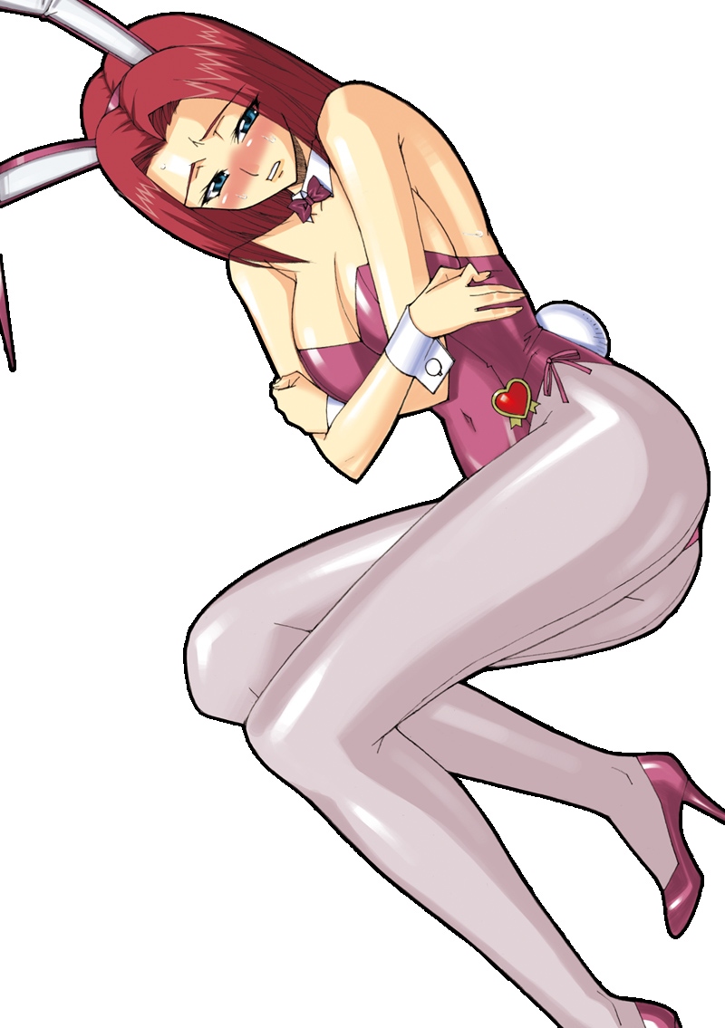 1girl animal_ears ass blue_eyes blush bow bowtie breasts code_geass crossed_arms fake_animal_ears female_focus high_heels kouzuki_kallen kinokoallstars leotard long_hair pantyhose playboy_bunny rabbit_ears red_hair shoes simple_background solo white_background