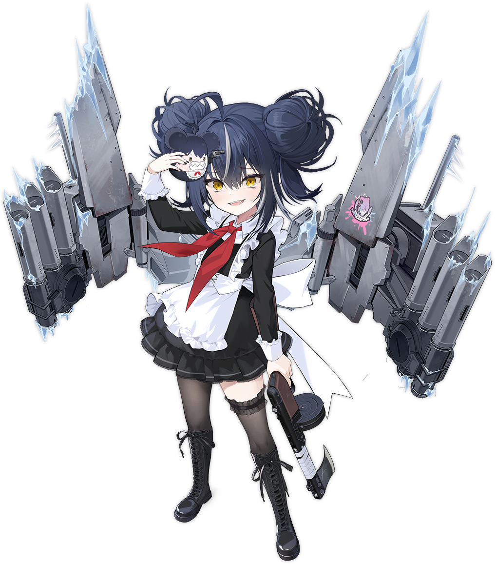 1girl apron asymmetrical_legwear azur_lane black_boots black_dress black_pantyhose black_skirt black_thighhighs blue_hair boots bullet double_bun dress frilled_apron frilled_sleeves frills graffiti grey_hair gun hair_bun heart holding holding_gun holding_weapon long_sleeves looking_at_viewer mismatched_legwear multicolored_hair neckerchief northern_parliament_(emblem) official_art open_mouth paint_splatter pantyhose pioneer_neckerchief pleated_skirt ppsh-41 red_neckerchief rigging school_uniform single_leg_pantyhose single_thighhigh skirt smile solo soviet_school_uniform streaked_hair submachine_gun svirepy_(azur_lane) thighhighs torpedo_tubes transparent_background weapon yellow_eyes
