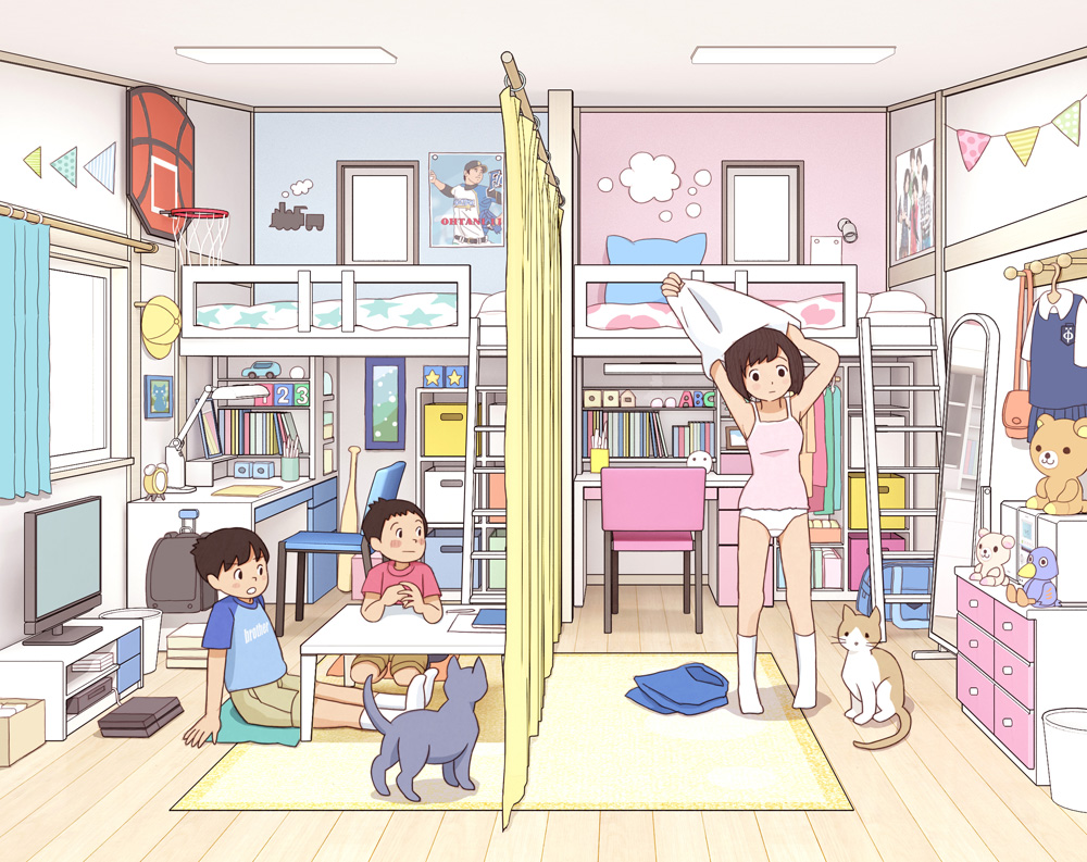 1girl 2boys blush brother_and_sister brown_hair brown_shorts camisole carpet cat chabudai_(table) chair changing_clothes curtains desk fixed-point_camera indoors kiyo_(kyokyo1220) korilakkuma loaded_interior loft_bed mirror multiple_boys on_floor ootani_shouhei original panties pink_camisole poster_(object) red_shirt rilakkuma san-x shirt short_hair shorts siblings sitting stuffed_animal stuffed_toy table teddy_bear television time_lapse underwear white_panties white_shirt window