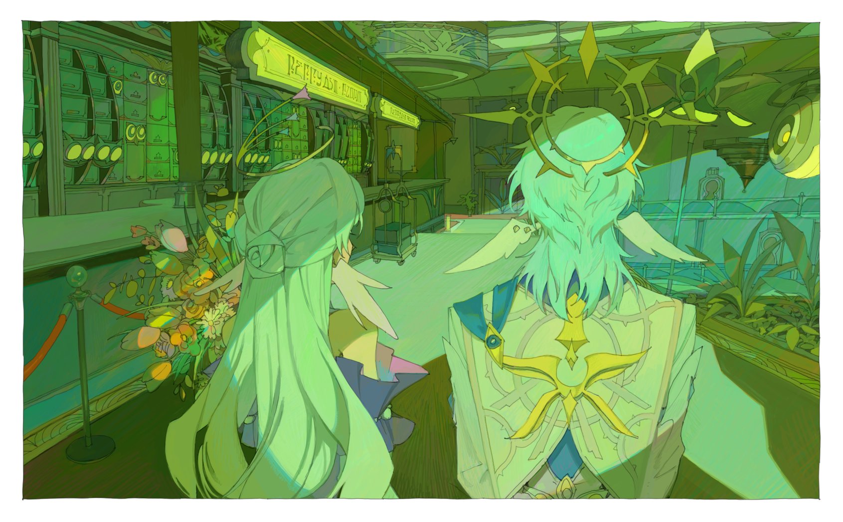 1boy 1girl 1kml alternate_hair_color aqua_hair bare_shoulders border bouquet brother_and_sister cart counter detached_sleeves facing_away feathered_wings flower from_behind grey_jacket half_updo halo halo_behind_head head_wings highres holding holding_bouquet honkai:_star_rail honkai_(series) jacket long_hair medium_hair piercing plant potted_plant purple_sleeves robin_(honkai:_star_rail) short_sleeves siblings side-by-side spiked_halo stanchion sunday_(honkai:_star_rail) thorn_print upper_body white_border white_wings wing_piercing wings