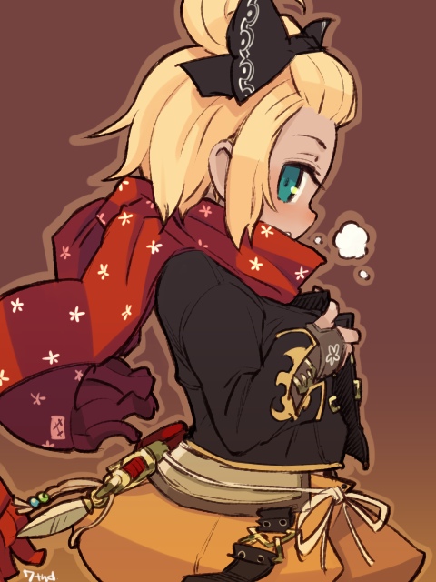 1girl 7th_dragon 7th_dragon_(series) aqua_eyes blonde_hair bow breath dagger female_focus fingerless_gloves forehead gloves hair_bow hatch_(7th_dragon) high_ponytail knife mota ponytail rogue_(7th_dragon) scarf short_hair solo weapon