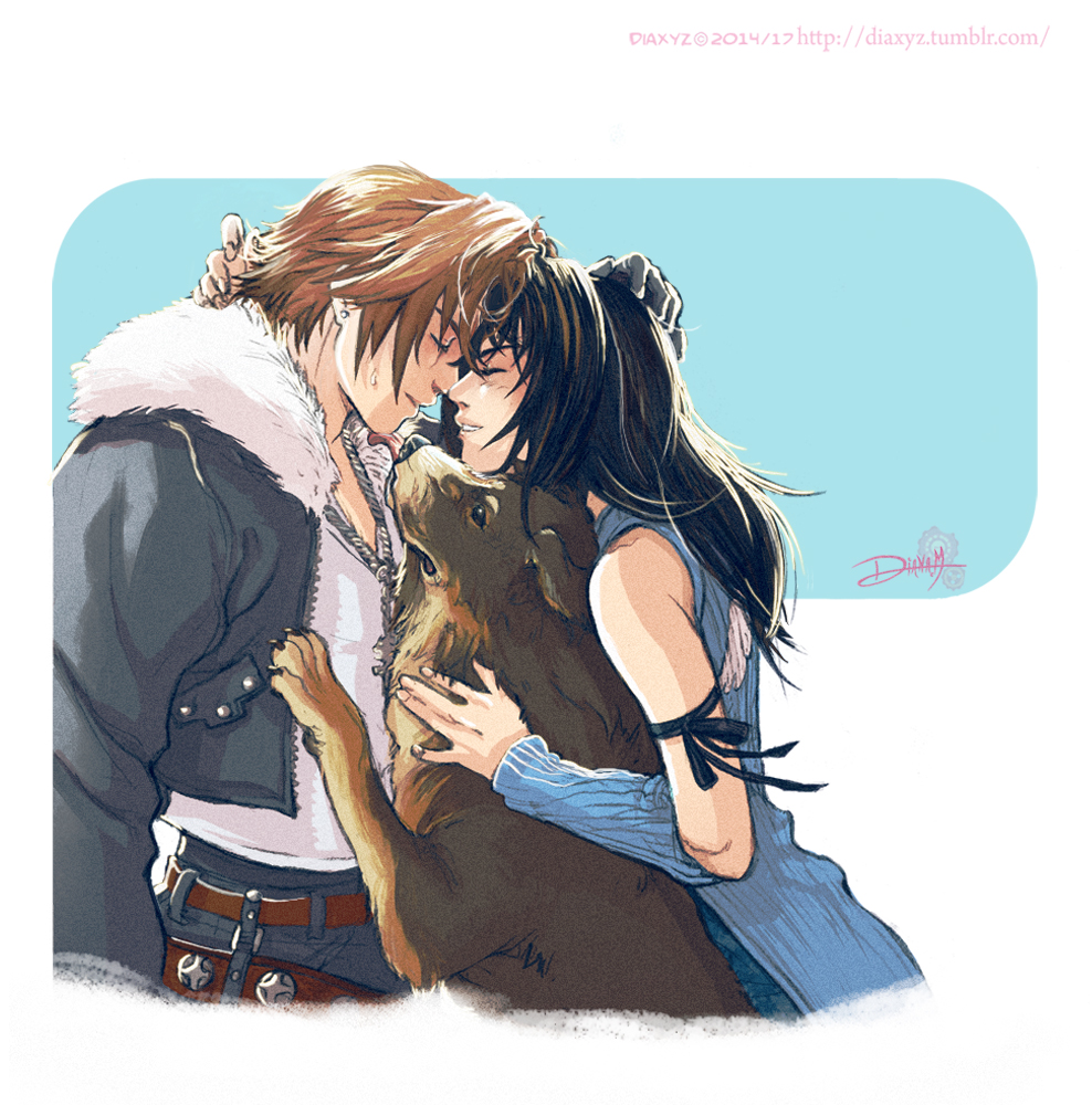 1boy 1girl 1other angelo_(ff8) animal arm_around_neck arm_ribbon arm_warmers bare_shoulders belt black_gloves black_hair black_jacket black_pants black_ribbon blue_cardigan brown_hair cardigan chain chain_necklace closed_eyes couple cropped_jacket diana_mercolini dog final_fantasy final_fantasy_viii forehead-to-forehead fur_trim gloves hair_between_eyes hand_on_another&#039;s_head heads_together jacket jewelry long_hair long_sleeves multicolored_hair multiple_belts necklace pants parted_lips petting ribbon rinoa_heartilly shirt short_hair signature smile squall_leonhart streaked_hair sweat upper_body watermark web_address white_shirt